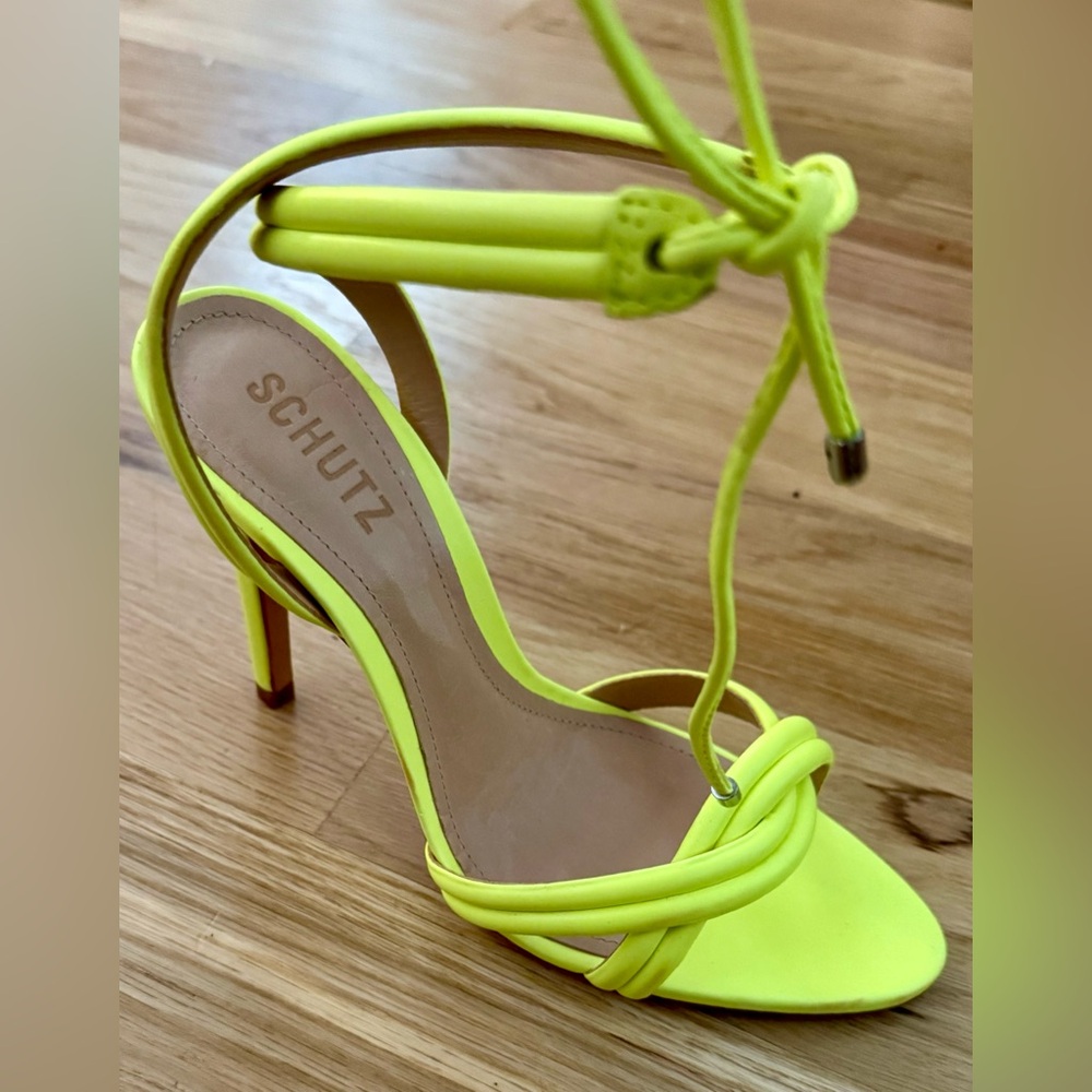 SCHUTZ Neon Yellow Strappy Ankle-Tie High Heel Sandals